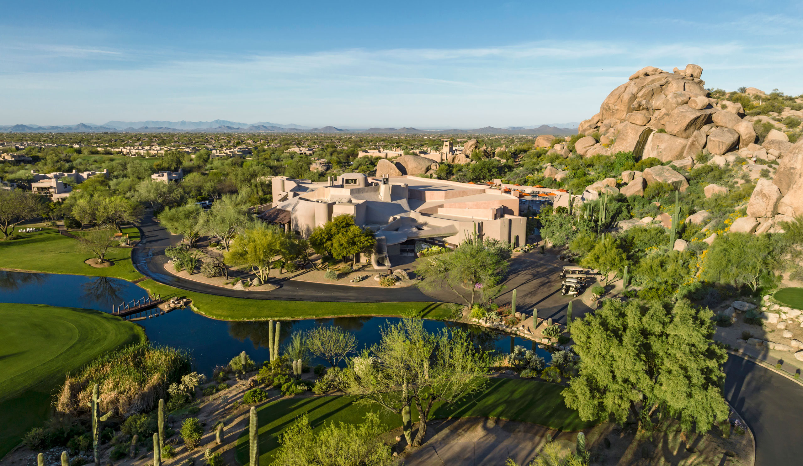 Aerial view of The Boulders Resort casitas among desert rock formations